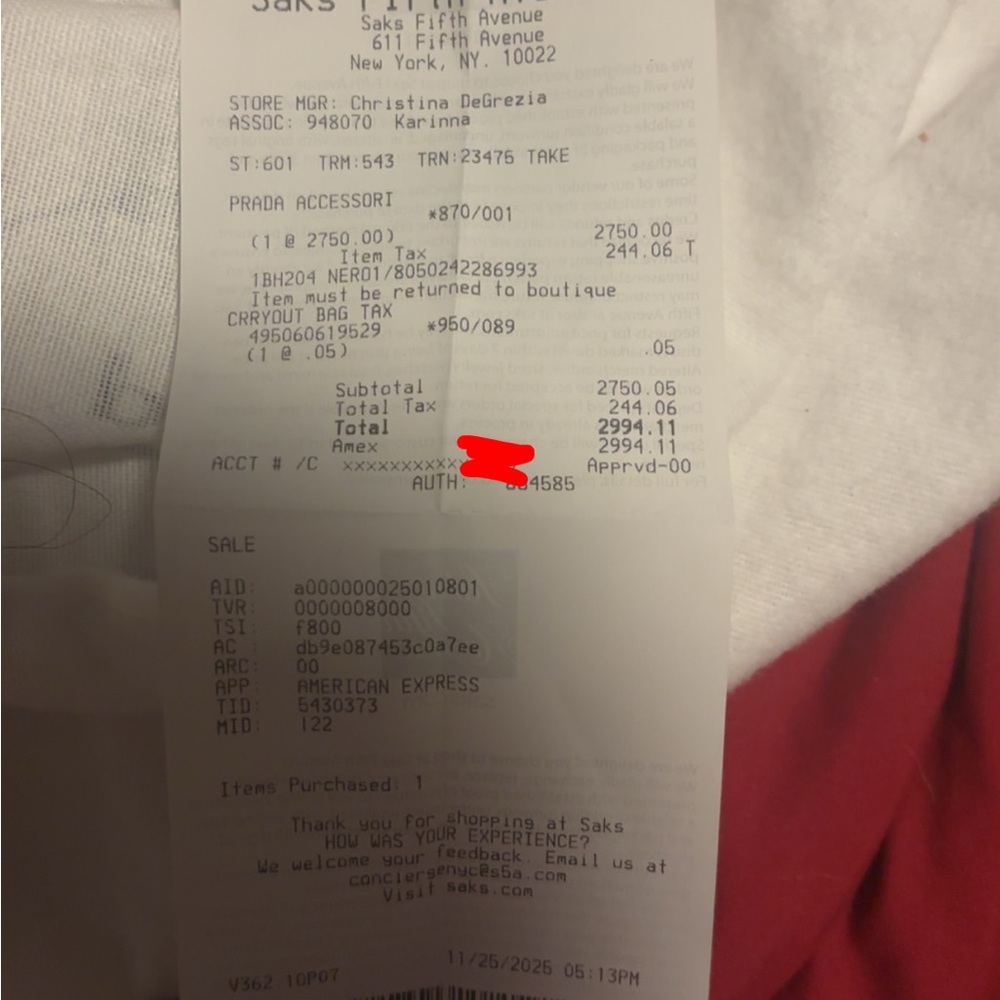 Prada Transaction Receipt from Saks